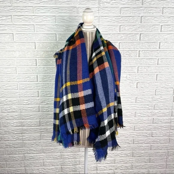 Multicolored Plaid Flannel Shawl Scarf with Fringe Blue Yellow Black Orange - Picture 5 of 6